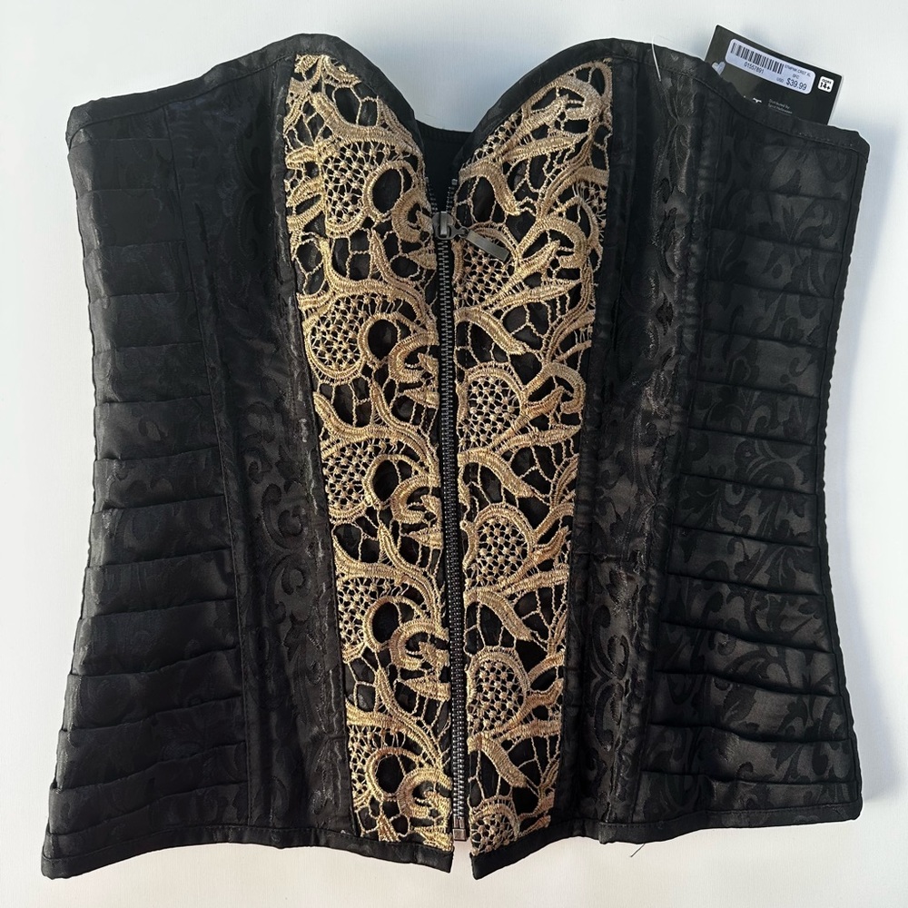 NWT. Spirit Black and Gold Lace Corset Top